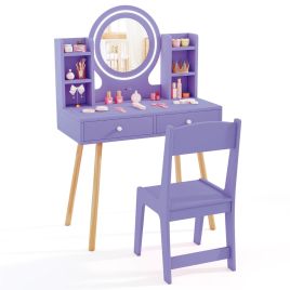 COIN Kids Princess Vanity Desk Set with 2-Color LED Lighted Acrylic Mirror-Purple