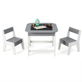 Kids Table and Chairs Set with Double-Sided Tabletop and Hidden Storage - Grey