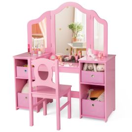DALWICKE Kids Vanity Desk and Chair 2 in 1 Toddler Makeup Pretend Play Table-Pink