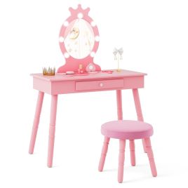 SILUAL Kids Vanity Set with Lighted Mirror and Adjustable Brightness for Kids Aged 3-7 Years Old-Pink