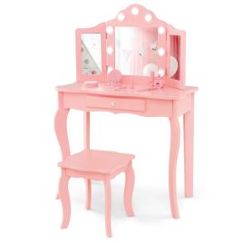 Kids Vanity Table and Stool Set with Real Glass Tri-Folding Mirror and Drawer - Pink