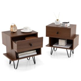 ARVA Mid Century Modern End Tables Set of 2 with Removable Drawer-Walnut
