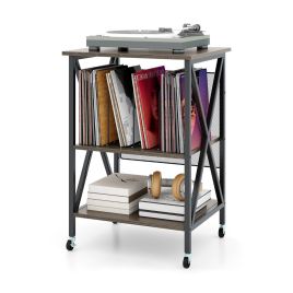 TRELIX Mobile Record Player Stand with Vinyl Storage Shelves and Dividers-Grey