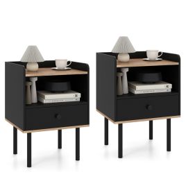 DOREX Set of 2 Side Tables with Drawer & Metal Legs-Black