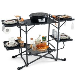 BBQ Table - Folding Portable Cook Station with Heat-Resistant Aluminum Tabletop for Picnic BBQ Camping Travel