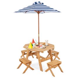 DAMY Wooden Kids Picnic Table Set with 4 Chairs and Adjustable Umbrella-Natural