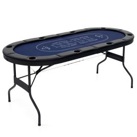 ULSI Foldable Poker Table for 8 Players Portable Oval Card Board with Cup Holders-Blue