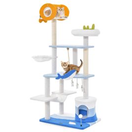 Cat Furniture - Ocean-themed Cat Tree Tower with Sisal Covered Scratching Posts-Blue