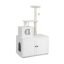 Cat Furniture - Cat Litter Box Enclosure with Cat Tree and Kitty Condo-White