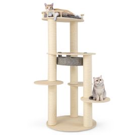 Cat Furniture - 150CM Wooden Multi-Level Cat Tree with Top Perch and Hammock-Grey