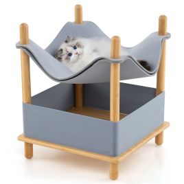 2-Tier Wooden Cat House Modern Cat Tree with Semi-enclosed Condo-Grey