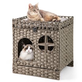 Foldable 2-tier Rattan Cat Litter Box Enclosure with Litter Mat-Grey