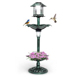 Birds Bath - Antique Lighted Birdbath and Feeder Combo with 2 Solar-powered Lamps-Bronze