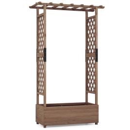 LULUAL Raised Garden Bed Fir Wood Planter Box with 2-Sided Trellis and Hanging Roof-Brown