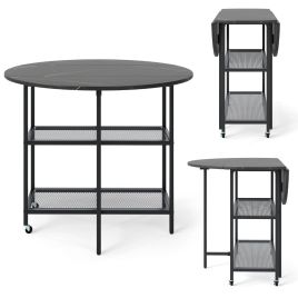 ANSI Round Kitchen Table Modern Dining Table with Drop Leaf Tabletop-Black