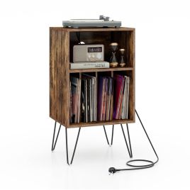 File Cabinet - 3-Tier Record Player Stand with Charging Station Shelf and 4 Dividers-Rustic Brown