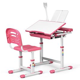 Height Adjustable Kids Study Desk Table Chair Set with Lamp - Pink