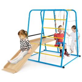 6-in-1 Indoor Jungle Gym Metal Climber with Slide and Monkey Bars-Blue