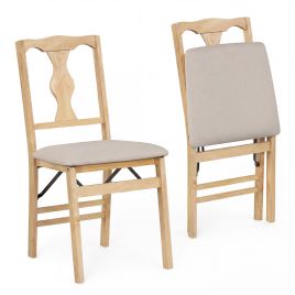 QYNOR Set of 2 Folding Dining Chairs with Padded Seat-Beige