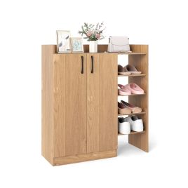 UWANA Shoe Storage Organizer Cabinet with Adjustable Inner Shelves and Open Shelves - Natural
