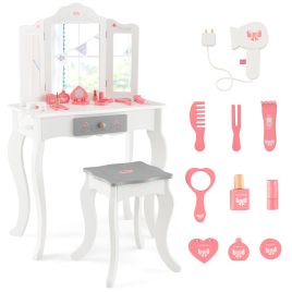 Kids Furniture - Kids Vanity Table and Stool with Detachable Tri-Fold Mirror and Cute Accessories-White