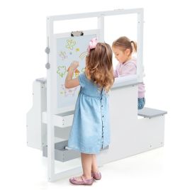Easel - Kids Art Easel Table and Bench Set with Adjustable Easel and Bookshelf-Light Grey