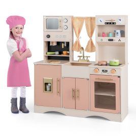 Kids Kitchen Toy - Kids Play Kitchen Wooden with Microwave and Ice Maker with Sounds-Pink