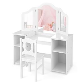 OVSIAR Kids Makeup Desk and Chair Set with Tri-Folding Detachable Mirror-White