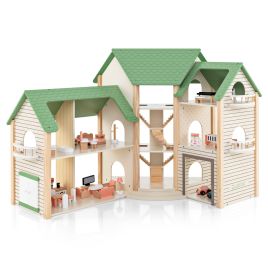 Kids Dollhouse - Wooden Dollhouse with 36 Pieces Accessories for Kids-Green