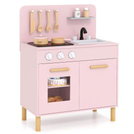 NOVIVI Toddler Pretend Play Kitchen with Light up Stove and Cooking Sounds-Pink