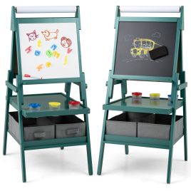 REULUR Double-sided Kids Easel with Magnetic Whiteboard and Chalkboard-Dark Green