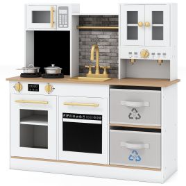 PROWDEN Wooden play kitchen with stove and sounds childrens kitchen with sink-Natural