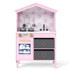 ULYN Kids Play Kitchen with 2 Stoves and Drawers and Dishwasher-Pink