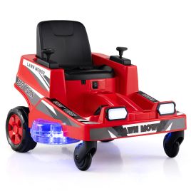 NUVIX 12V Ride on Lawn Mower for Kids with Dual Control Sticks and LED Lights-Red