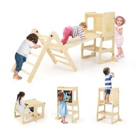 OVLO 7-in-1 Toddler Climbing Toy Set Folding with Step Stool Ages 3-14 Years Old-Natural