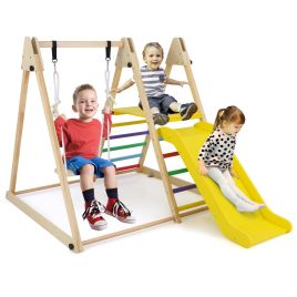 ZODAZO 3-in-1 Foldable Indoor Jungle Gym Wooden Climbing Toys with Swing-Multicolor