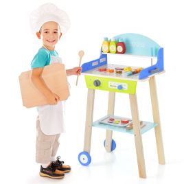 Kids Pretend Barbecue Grill Play Set with Food and Wheels
