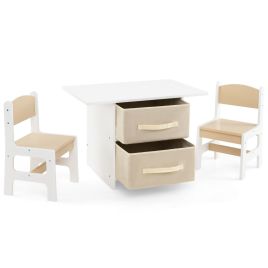 FIVAA Toddler Wooden Activity Table and 2 Chairs Set with 2 Fabric Storage Bins-Beige