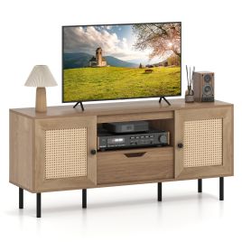 TV Stand for 60 Inch TV with Cabinets and Storage Shelf-Natural