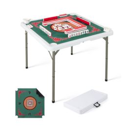 ULRILU Folding Mahjong Table with Cup Holders and Removable Game Mat-Green and Red