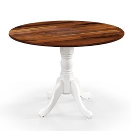 TAFILY Wooden Dining Table with Round Tabletop and Curved Trestle Legs-Walnut & White