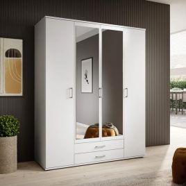 KEVIN 4 Door Mirrored Wardrobe with 2 Drawers White - 160cm