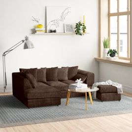 MONA Jumbo Cord 4 Seater L Shaped - Left Hand Facing Corner Sofa with Footstool - Chocolate Brown