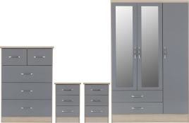 Wardrobe Set - NEWBIGGIN 3 Door Bedroom Set Grey Gloss Light Oak Effect Veneer 116cm