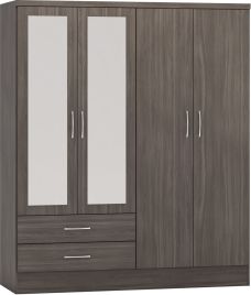 Wardrobe - NEWBIGGIN 4 Door Mirrored Wardrobe Black Wood Grain 154cm