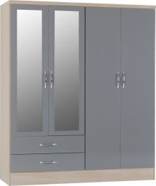 Wardrobe - NEWBIGGIN 4 Door Mirrored Wardrobe Grey Gloss with Light Oak 154cm