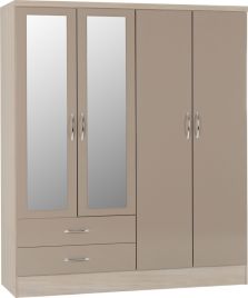 Wardrobe - NEWBIGGIN 4 Door Mirrored Wardrobe Oyster Gloss with Light Oak 154cm