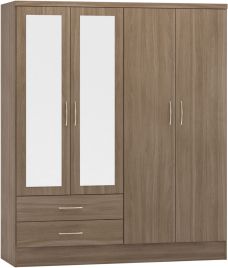 Wardrobe - NEWBIGGIN 4 Door Mirrored Wardrobe Rustic Oak Effect 154cm