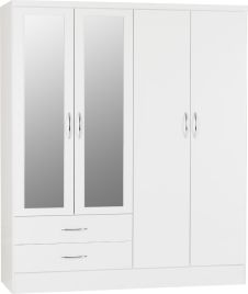 Wardrobe - NEWBIGGIN 4 Door Mirrored Wardrobe White Gloss 154cm