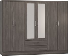 Wardrobe - NEWBIGGIN 6 Door Mirrored Wardrobe Black Wood Grain 230cm